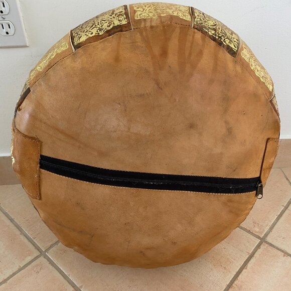 Round Leather Pouf Ottoman with Egyptian Accents - Picture 8 of 8